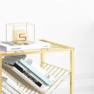 Mid-Century Rectangular Bookshelf Metal Gold Bookcase with Shelves-Bookcases & Bookshelves,Furniture,Office Furniture